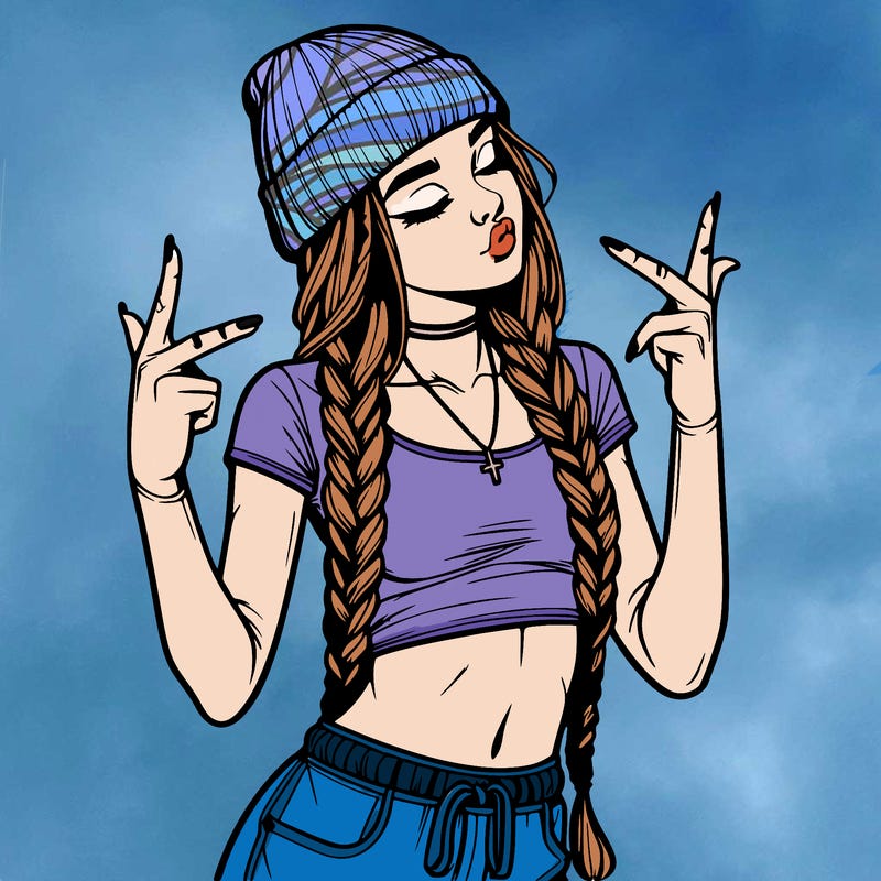 realistic teenage girl with braids and a beanie and crop top doing 🫶🏼