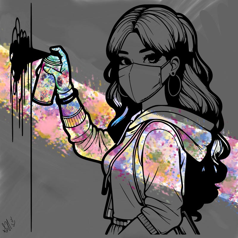 realistic girl with mask spray painting a wall