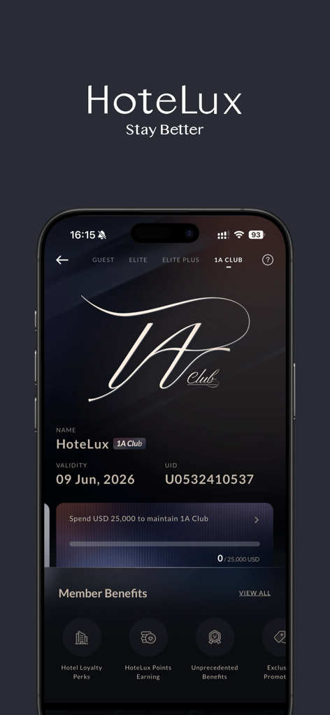 HoteLux: Stay Better - HoteLux mobile app screen showing elite 1A Club membership details and loyalty benefits