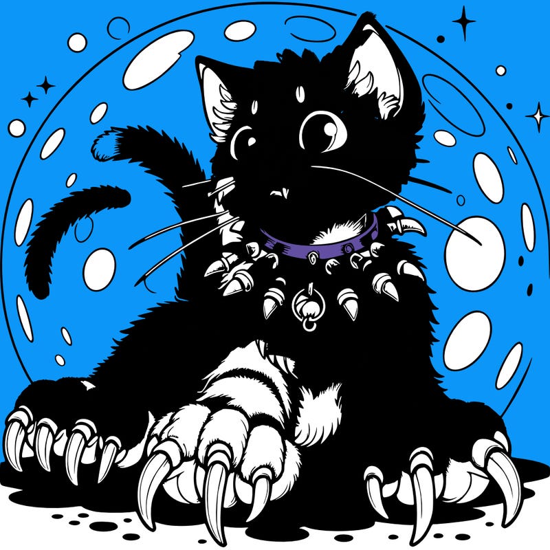 a realistic cat with overly long claws.and a collar with fangs in the collar with a full moon behind the cat