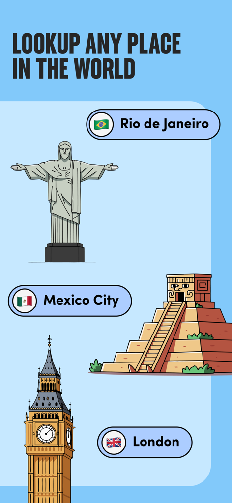 TripSeason app screen showing search options for global destinations like Rio de Janeiro, Mexico City, and London with landmark illustrations.