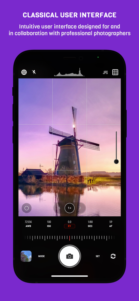 CameraPixels PRO - Manual photography interface of CameraPixels PRO app showing a windmill landscape and professional camera settings