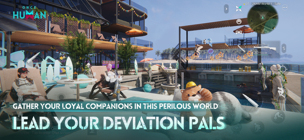 Once Human - Des personnages se détendant dans une base de survie personnalisée avec un pote de déviation dans Once Human