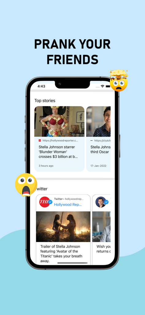 Fake Gooble Search Prank - Smartphone screen displaying fake search engine results with humorous news stories and social media posts