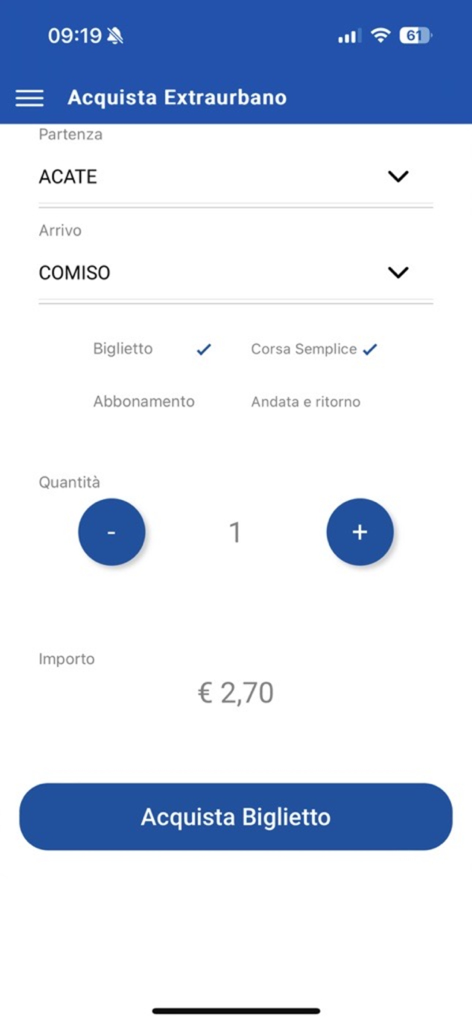 AST TICKETING - Screenshot of the AST Ticketing app showing the interface to buy a bus ticket from Acate to Comiso in Sicily