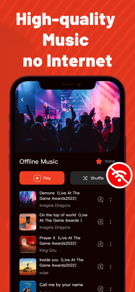 Music Quick app interface showing an offline music playlist