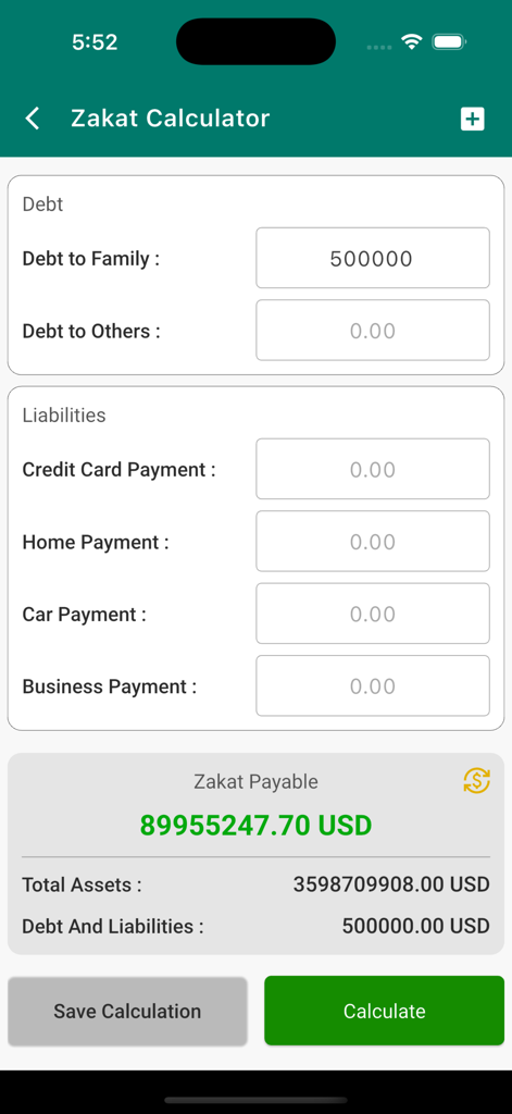 Zakat calculator screen in the Light of Deen app showing debt and liability input fields with calculated results in USD