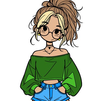 girl with a messy ponytail glasses a baggy crop top and jean shorts