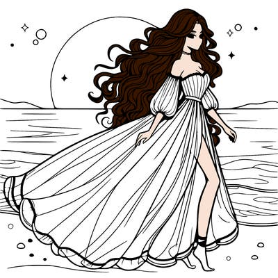 beautiful woman with a vaporous long dress walking on the beach at the noon, detailed art