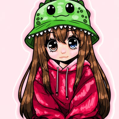 girl with anime shaped eyes with a dinosaur bucket hat oversized sweatshirt long straight hair
