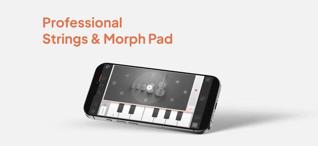 Smartphone displaying Pure Strings app with the Morphpad interface and a piano keyboard