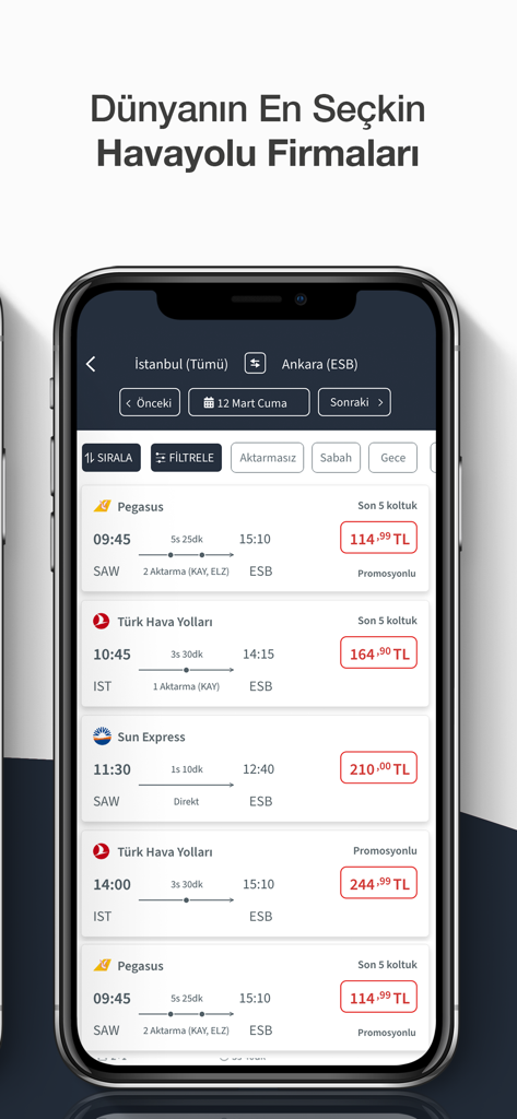 Biletall – Bus & Plane Tickets - Biletall mobile app screen displaying domestic flight search results from Istanbul to Ankara featuring airlines like Pegasus and Turkish Airlines.