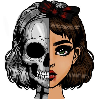 realistic girl with half skull mask