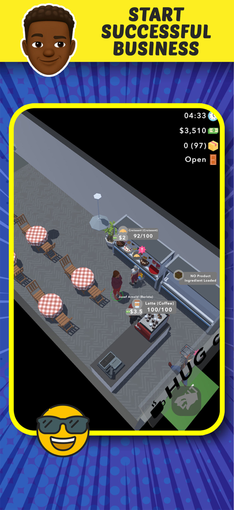 Enclaver - Life Simulator - Gameplay screenshot of Enclaver Life Simulator showing a cafe business management screen with a barista and customers