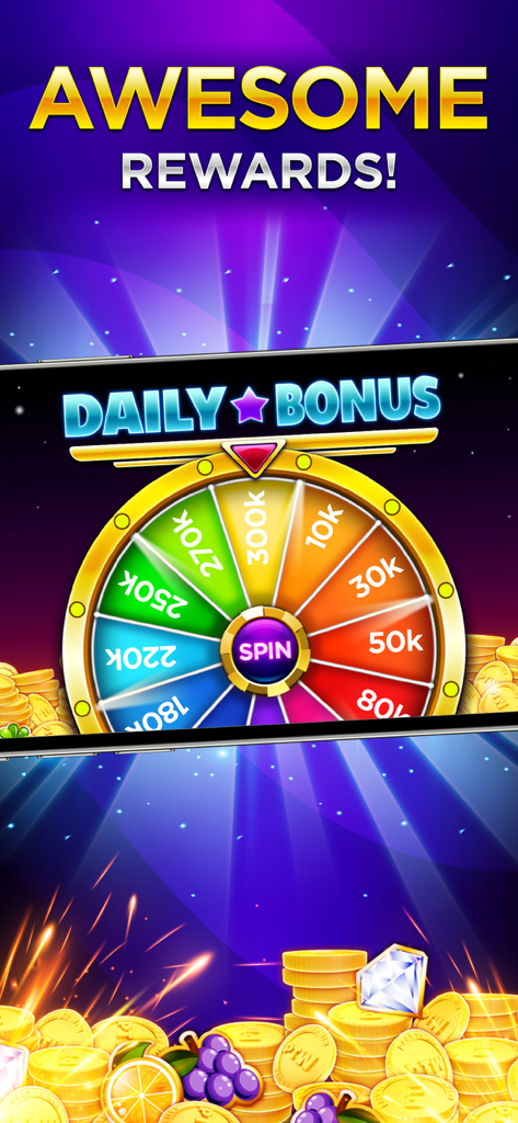 Play To Winアプリのスクリーンショット、様々なコイン報酬と「素晴らしい報酬」のテキストが表示された毎日のボーナススピンホイールを表示