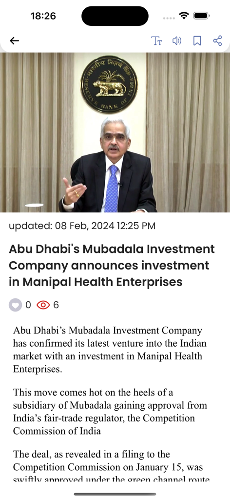 NewsOnAir - NewsOnAirアプリ画面、インドのMubadala Investment Companyに関するビジネスニュース記事を表示