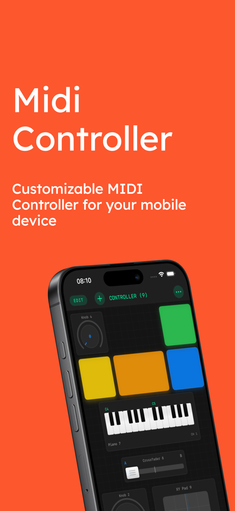 MIDI Controller PRO Wifi, USB - Customizable MIDI controller app interface on a smartphone showing drum pads and a piano roll