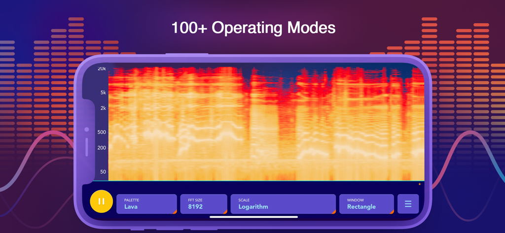 Audio Spectrum Analyzer dB RTA - iPhone上の対数スケールとFFT設定を備えたカラフルなスペクトログラムを表示するAudio Spectrum Analyzerアプリ