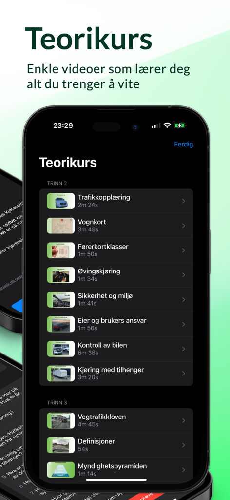 Mobile screen showing Norwegian driving theory video lessons in the Teoriappen app
