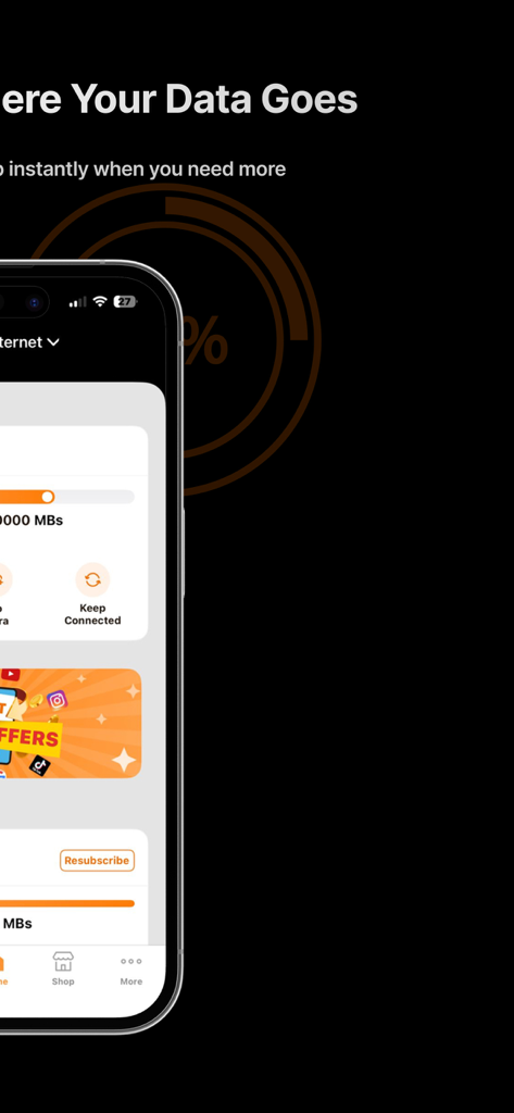 My Orange Egypt - Mobile interface of My Orange Egypt app showing data consumption and internet top up options