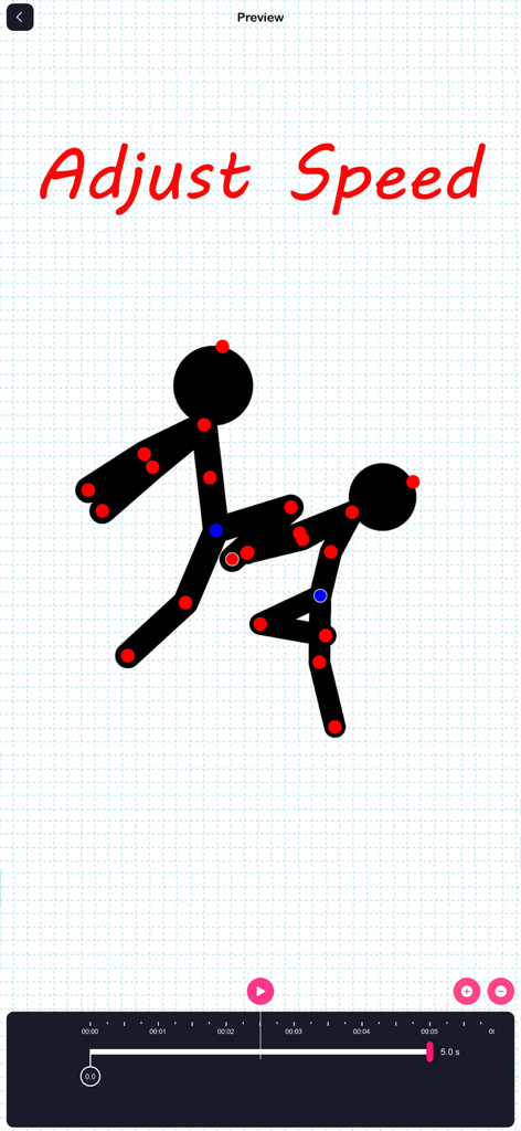 Stick Animator - Video Maker - Preview screen of Stick Animator app showing stick figures and animation speed control timeline