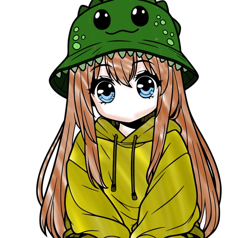 girl with anime shaped eyes with a dinosaur bucket hat oversized sweatshirt long straight hair