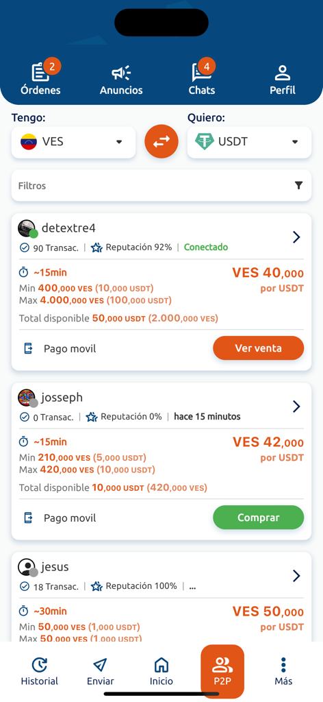 Apolo Pay - Captura de pantalla del mercado P2P de la aplicación móvil Apolo Pay que muestra ofertas de cambio de divisas entre bolívares venezolanos y dólares digitales.