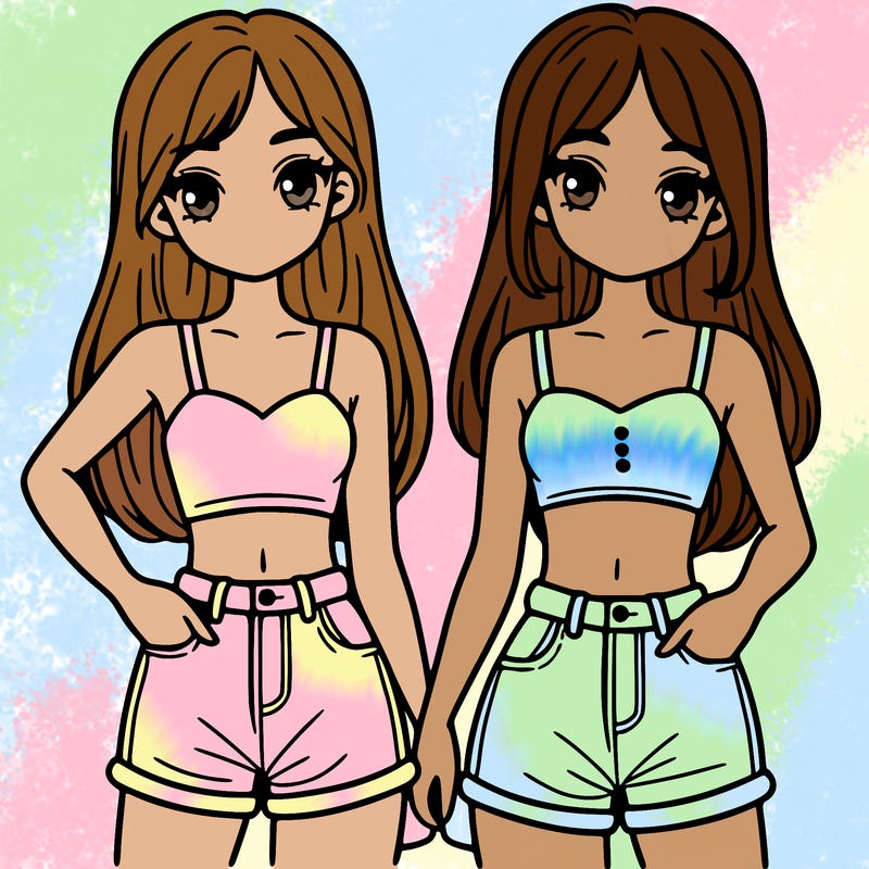 two sisters with crop tops and jean shorts and straight hair