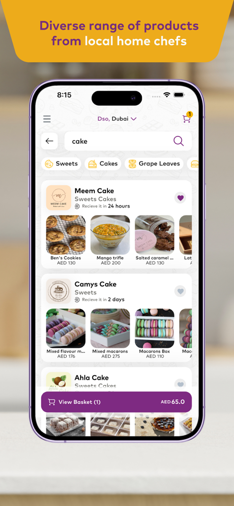 Santra سنطره - Santra app interface displaying a variety of homemade cakes and sweets from local chefs