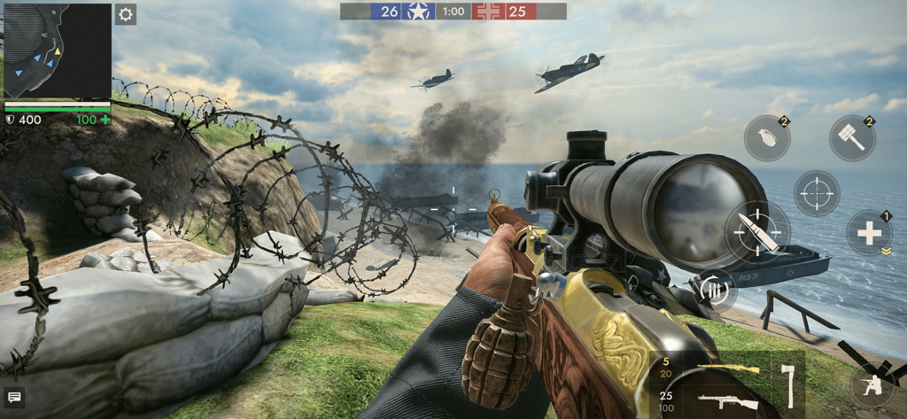 First person view of a sniper aiming on a WWII beach in World War Heroes