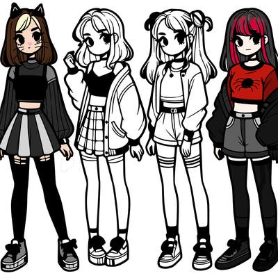 one girl with crop-top shirt and a jacket with a skirt, long socks and another girl with a shirt and pants with a jacket