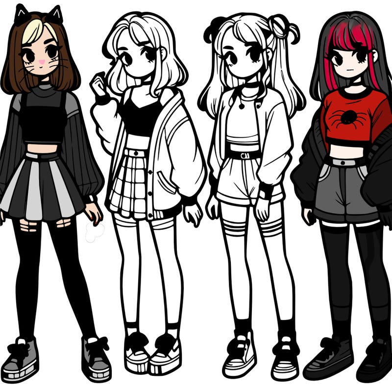 one girl with crop-top shirt and a jacket with a skirt, long socks and another girl with a shirt and pants with a jacket