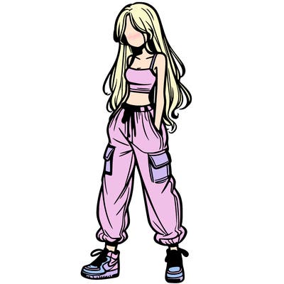 girl in baggy pants crop top and long hair