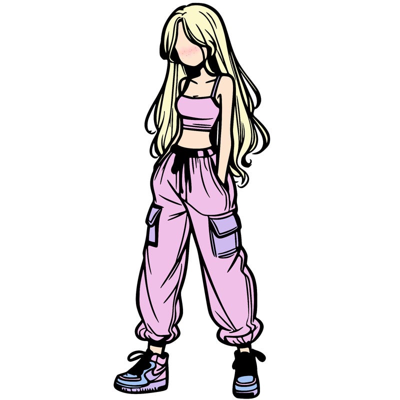 girl in baggy pants crop top and long hair