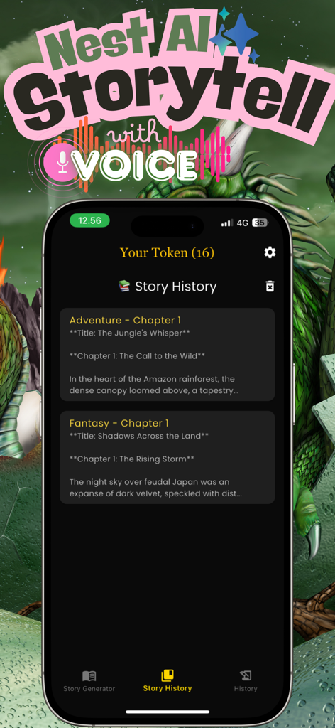 Nest AI: Story Teller - Nest AI Story Teller app story history screen displaying saved story chapters