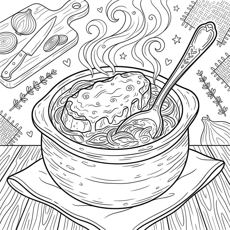 Dive into the delicious world of French cuisine with this comforting French Onion Soup coloring page. Featuring a steaming bowl topped with crusty bread and melted cheese, it's a culinary delight waiting for your colors.
