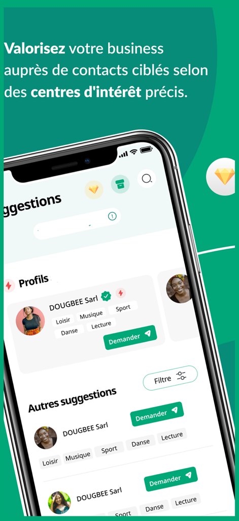 AddNew - A mobile app screen showing suggested business profiles with interest tags for WhatsApp contact expansion.
