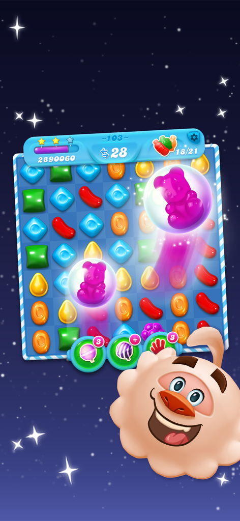 Candy Crush Soda Saga - Candy Crush Soda Saga puzzle board with purple bears in bubbles and colorful candy pieces