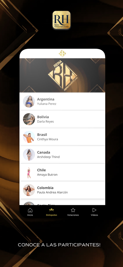 Una lista de concursantes del certamen en la app Reina Hispanoamericana mostrando nombres y países.