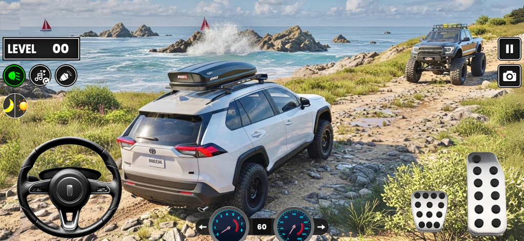 Dunes Offroad Car Simulator 3D - A white SUV with a roof box driving on a rocky coastal path with game controls in Dunes Offroad Car Simulator 3D.