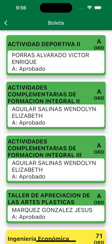 Estudiantes UABC - Report card screen in the Estudiantes UABC app showing grades and academic status for university students