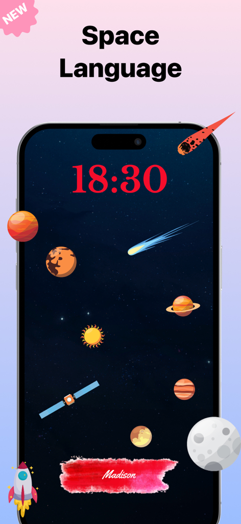 Flower Language - Rozy - Space language theme in the Flower Language Rozy app showing a personalized wallpaper with planets stars and the name Madison