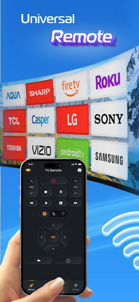 Hand holding a smartphone displaying a universal TV remote app interface with various smart TV brand logos in the background.