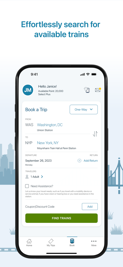 Amtrak mobile app interface showing the book a trip screen for train travel from Washington DC to New York