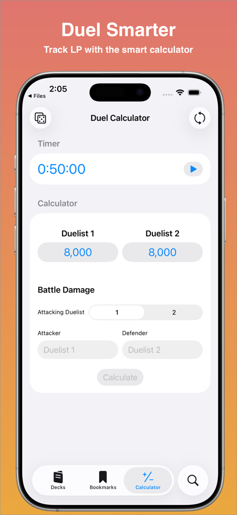 Pantalla de calculadora de duelos de YuGiOh para seguir los puntos de vida y el tiempo del partido.