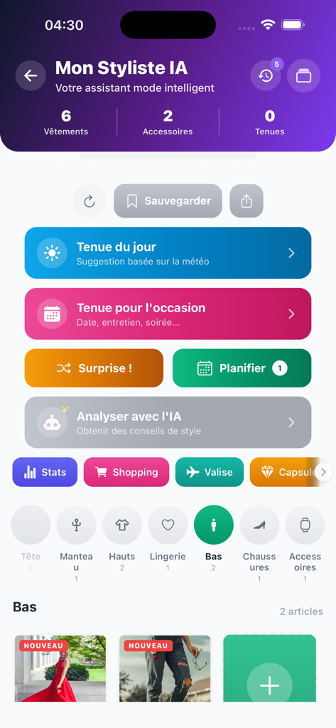 My Inventory AI - Interface of the My Inventory AI stylist showing virtual closet management, outfit suggestions based on weather, and wardrobe statistics.