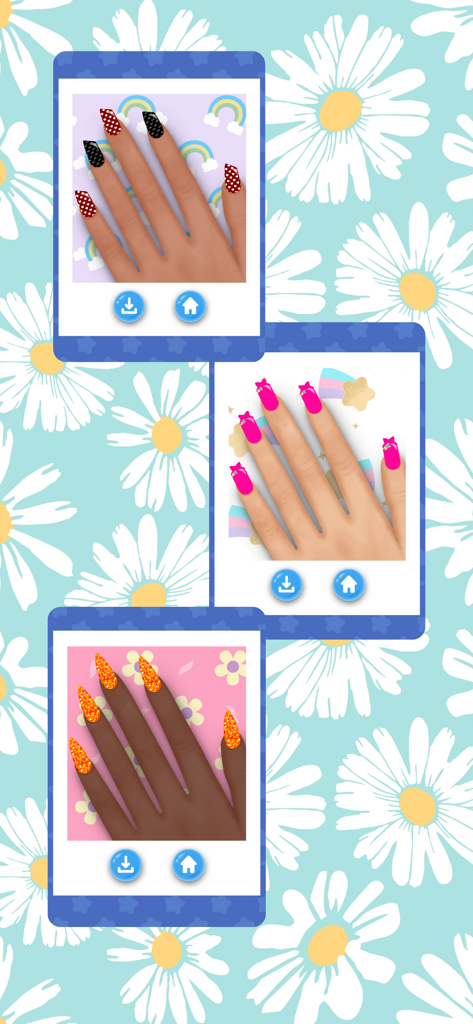 Girls Nail Salon: Paint,Polish - Exhibición de varios diseños creativos de arte de uñas con purpurina y patrones