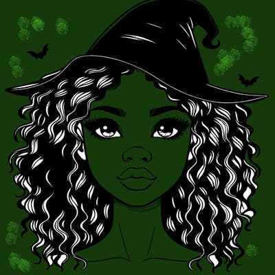 realistic black girl with wavy hair and witch hat and nose and lips