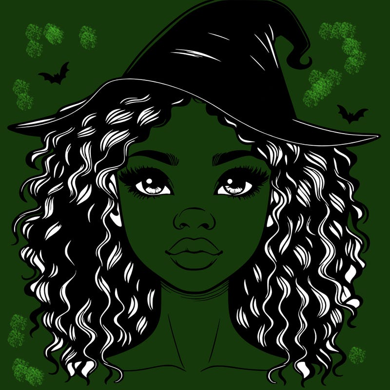 realistic black girl with wavy hair and witch hat and nose and lips