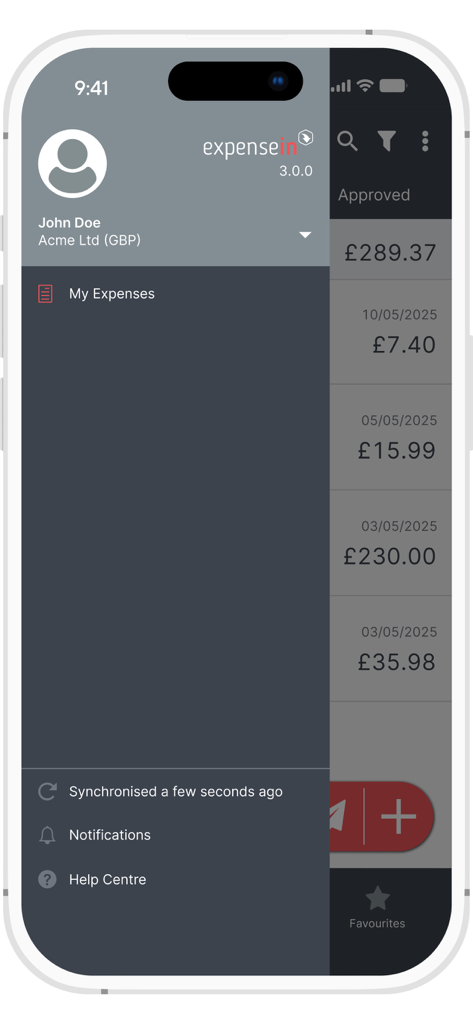 ExpenseIn app sidebar menu showing user profile and navigation options over a list of approved expenses